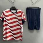 Red white wave stripe jersey and navy shorts front