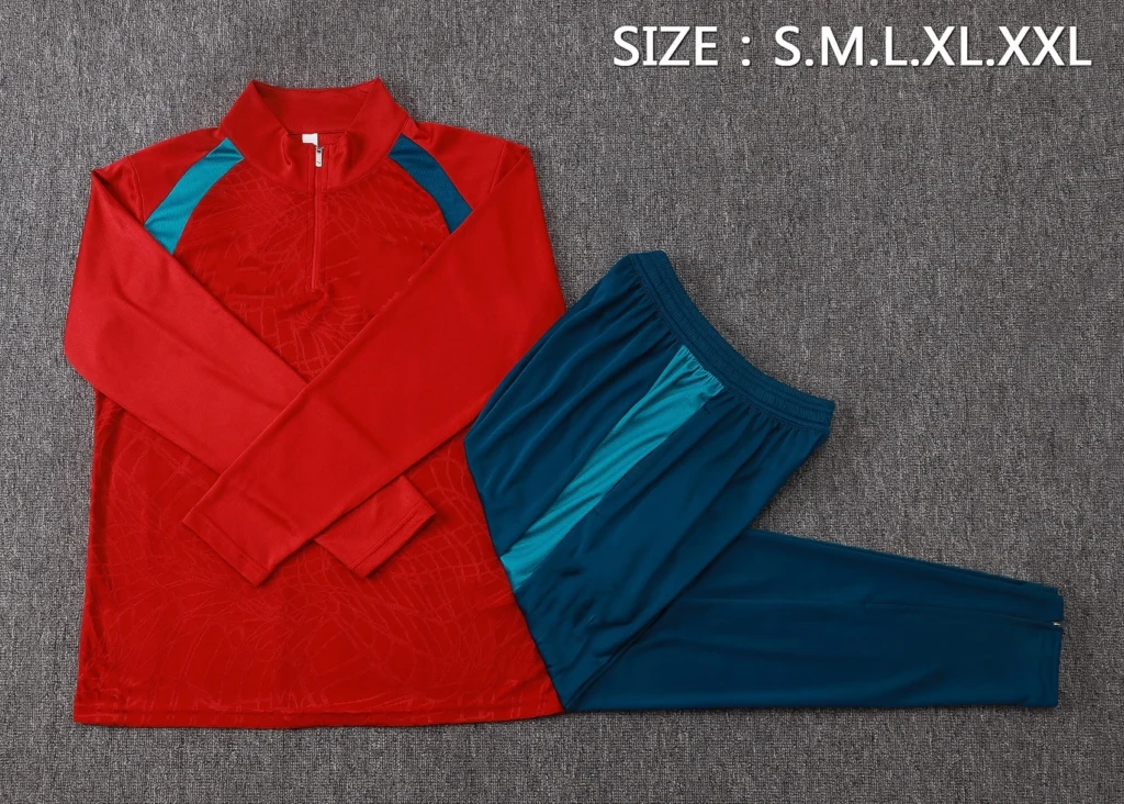 Complete red and teal long-sleeve soccer training uniform set with matching pants