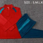Complete red and teal long-sleeve soccer training uniform set with matching pants